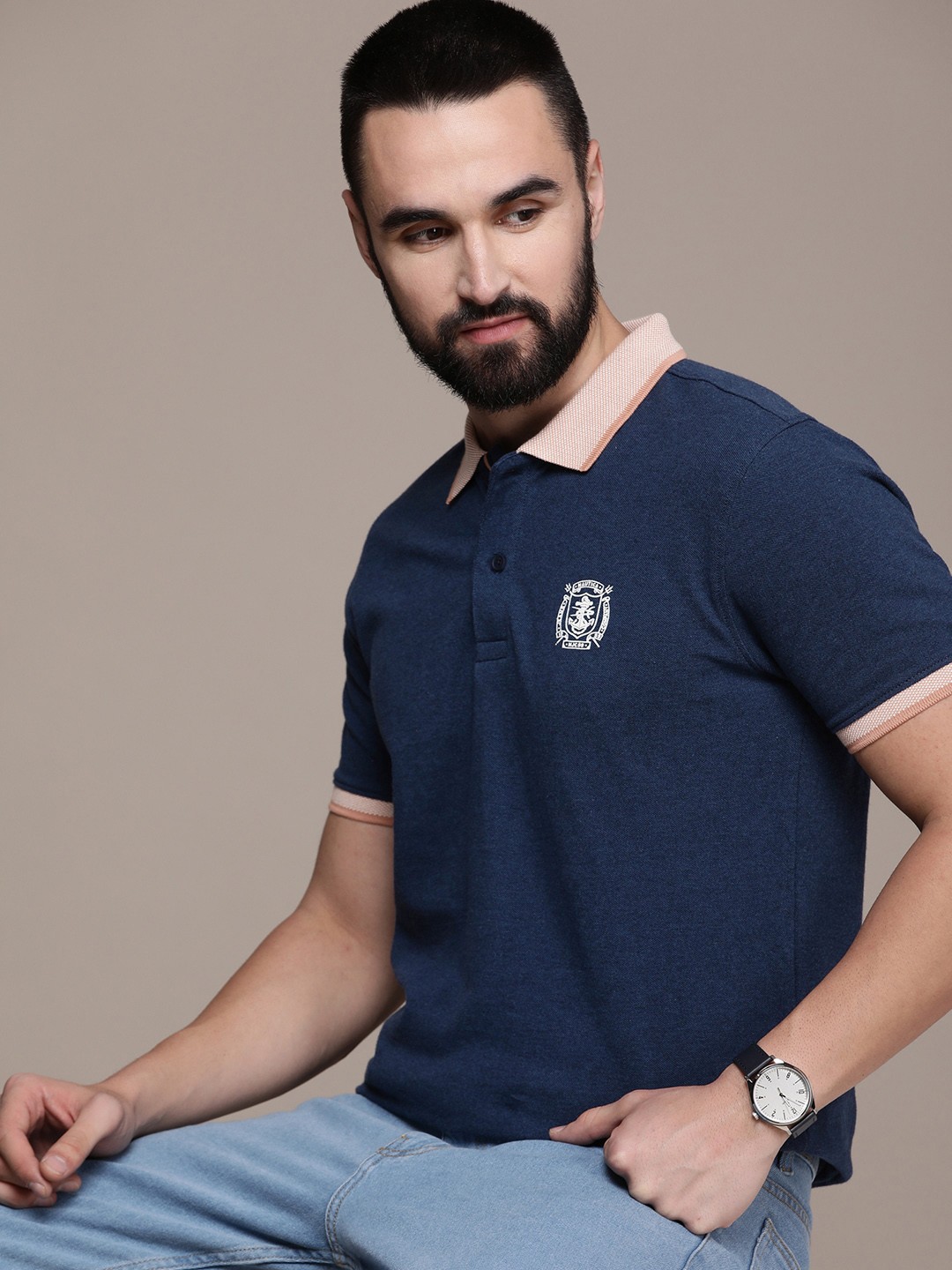 

Nautica Brand Logo Printed Polo Collar Pure Cotton T-shirt, Navy blue
