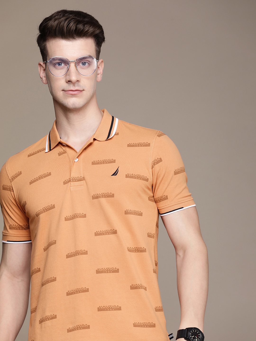 

Nautica Brand Logo Printed Polo Collar T-shirt, Peach