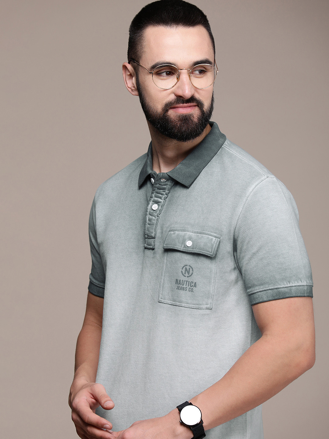 

Nautica Tie and Dye Polo Collar Pure Cotton With Chest Pocket T-shirt, Grey