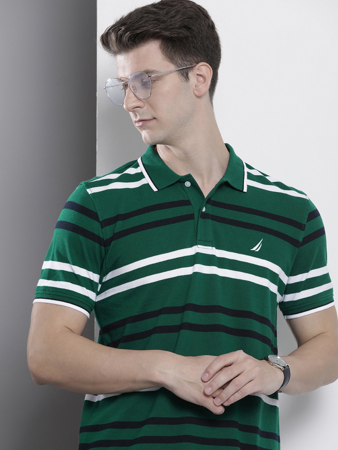 

Nautica Pure Cotton Polo Collar Striped Casual T-shirt, Green