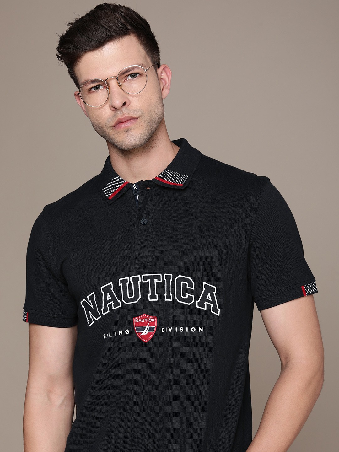 

Nautica Brand Logo Embroidered Polo Collar Pure Cotton T-shirt, Navy blue