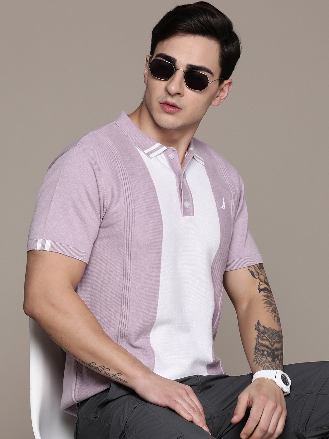 Nautica Colourblocked Polo Collar Pure Cotton T-shirt, Lavender