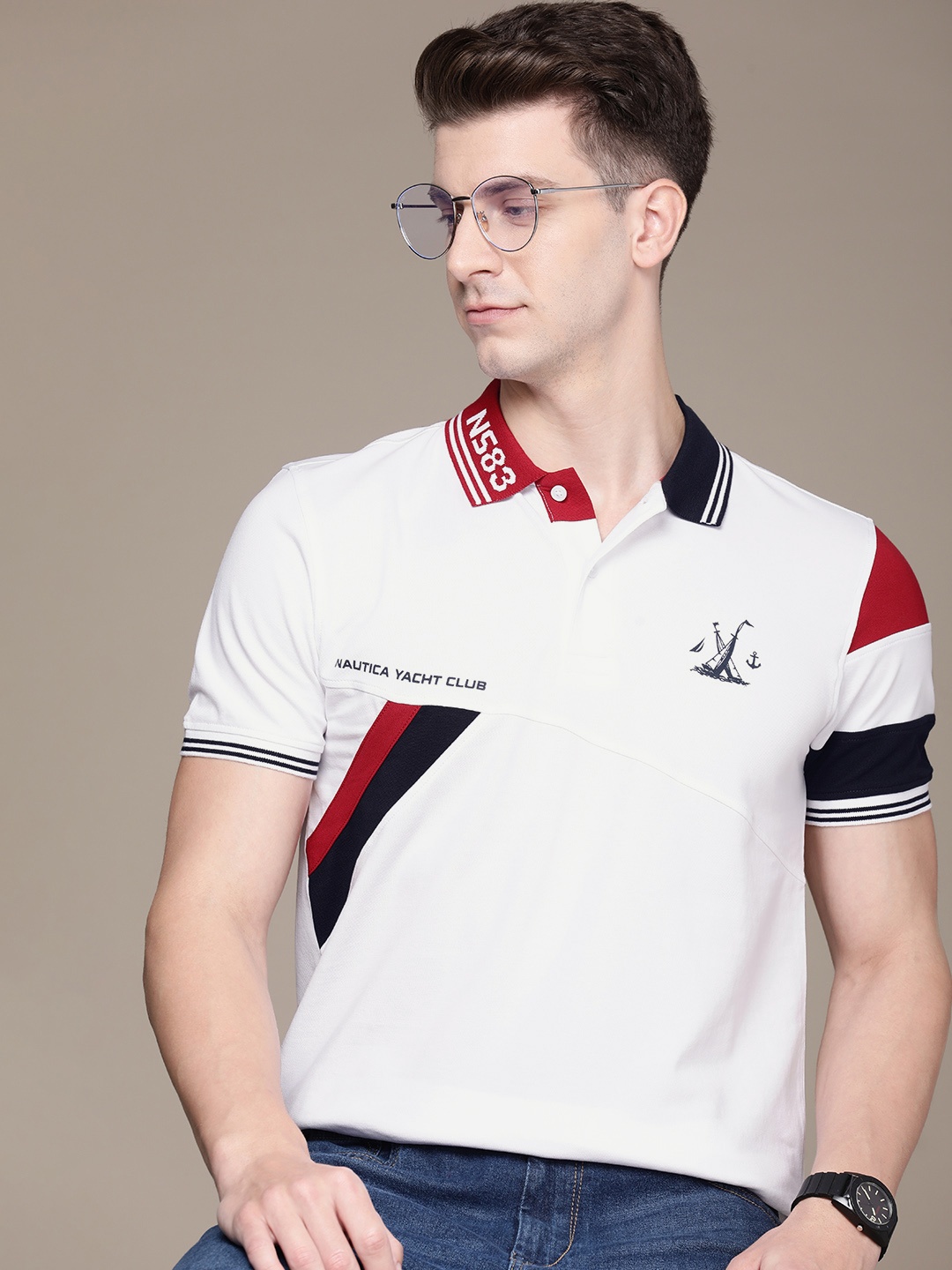 

Nautica Striped Polo Collar T-shirt, White