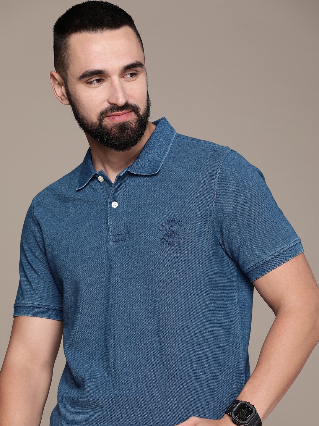

Nautica Brand Logo Embroidered Polo Collar Pure Cotton T-shirt, Blue