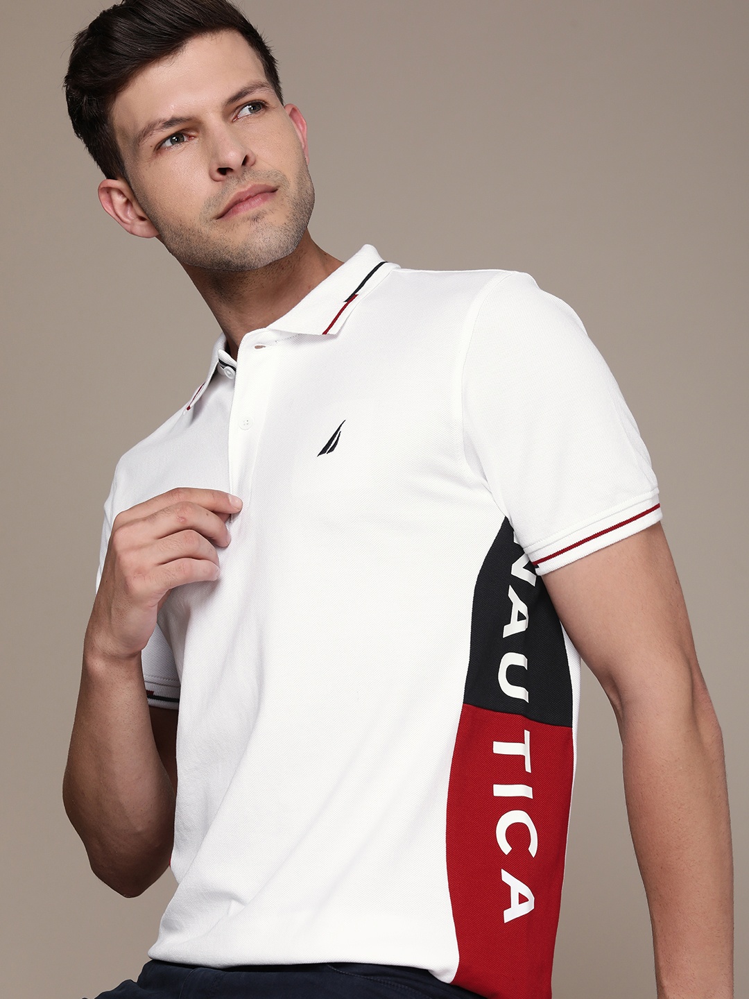 

Nautica Colourblocked Polo Collar Pure Cotton T-shirt, White