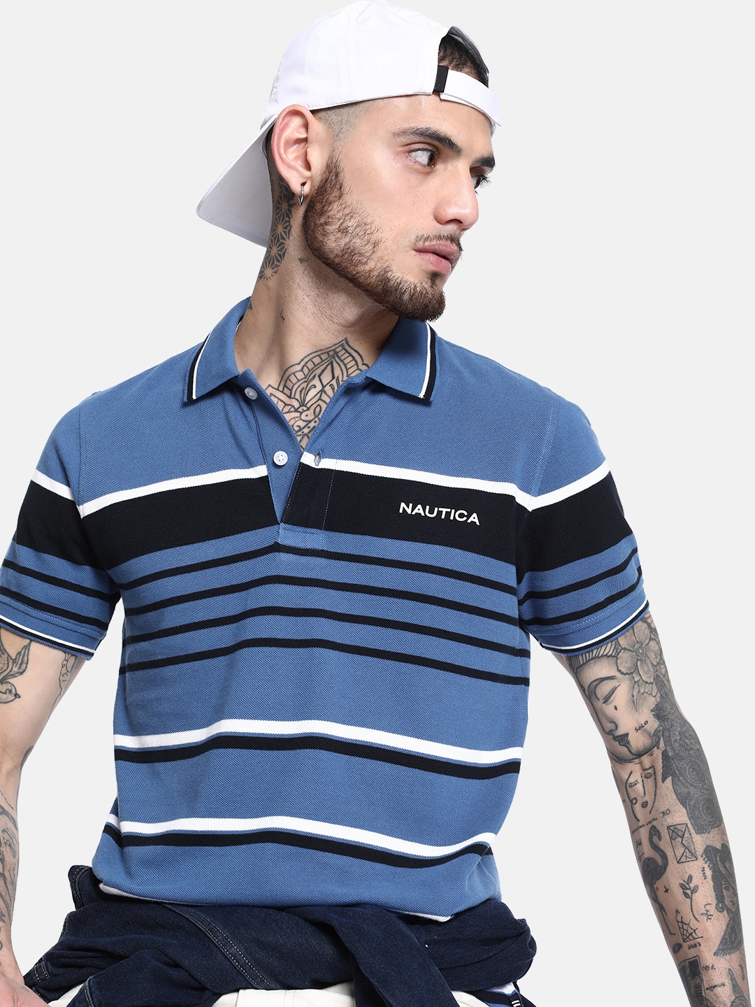 

Nautica Striped Polo Collar Pure Cotton T-shirt, Blue