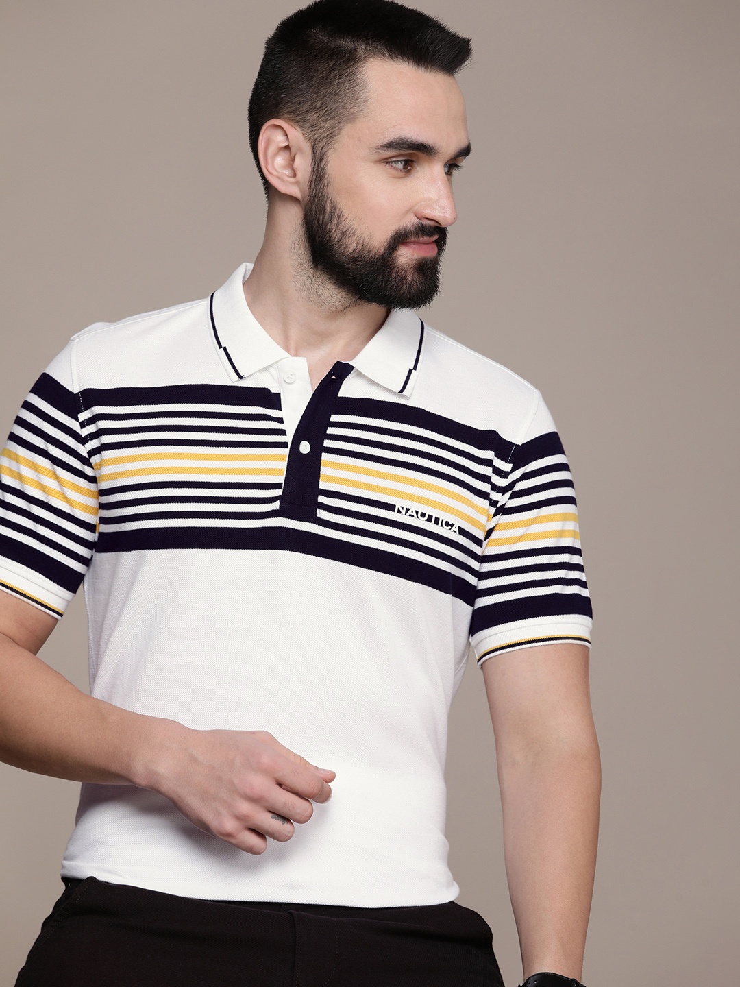 

Nautica Striped Polo Collar Pure Cotton T-shirt, White