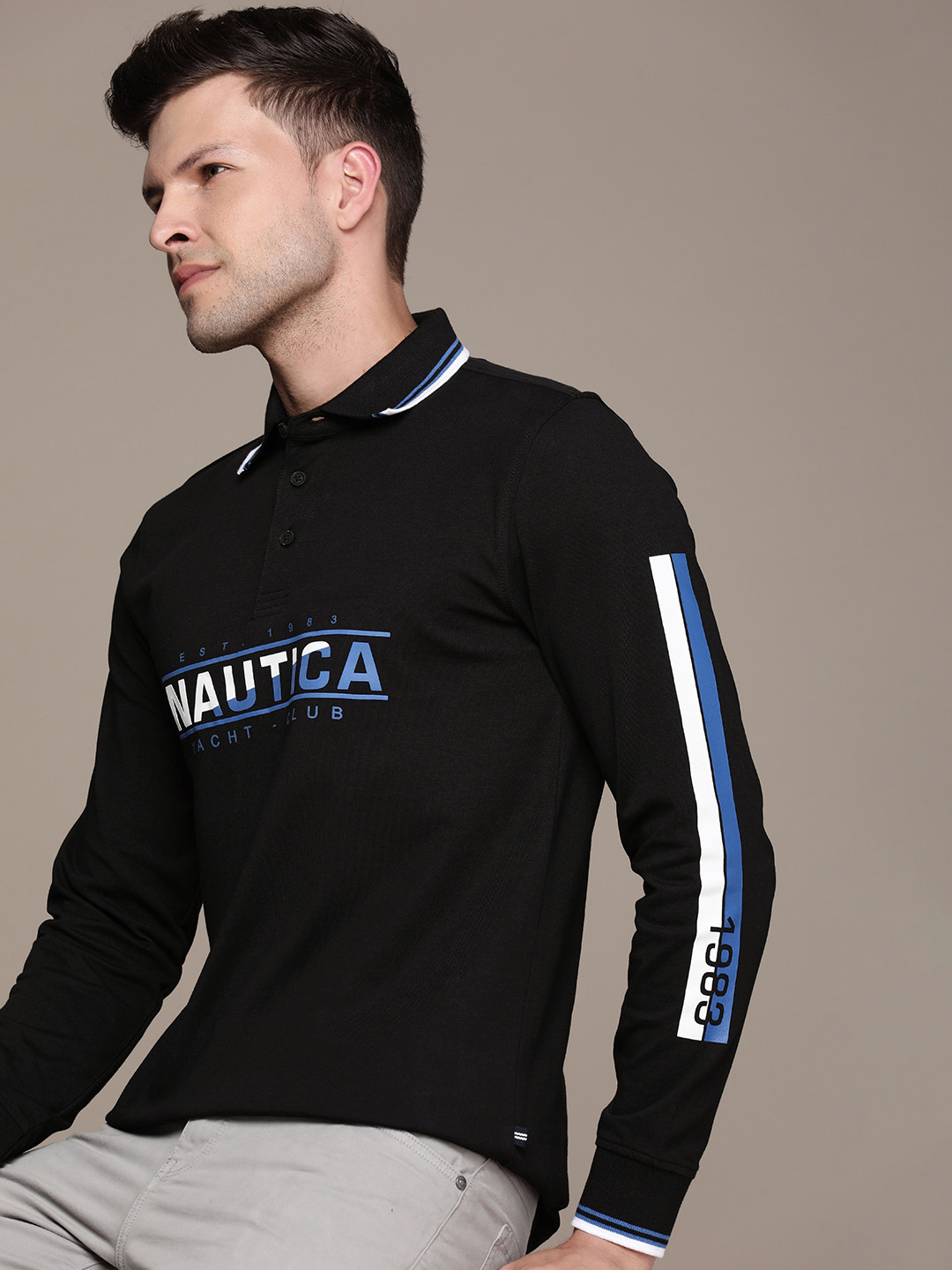 

Nautica Brand Logo Printed Polo Collar Pure Cotton T-shirt, Black