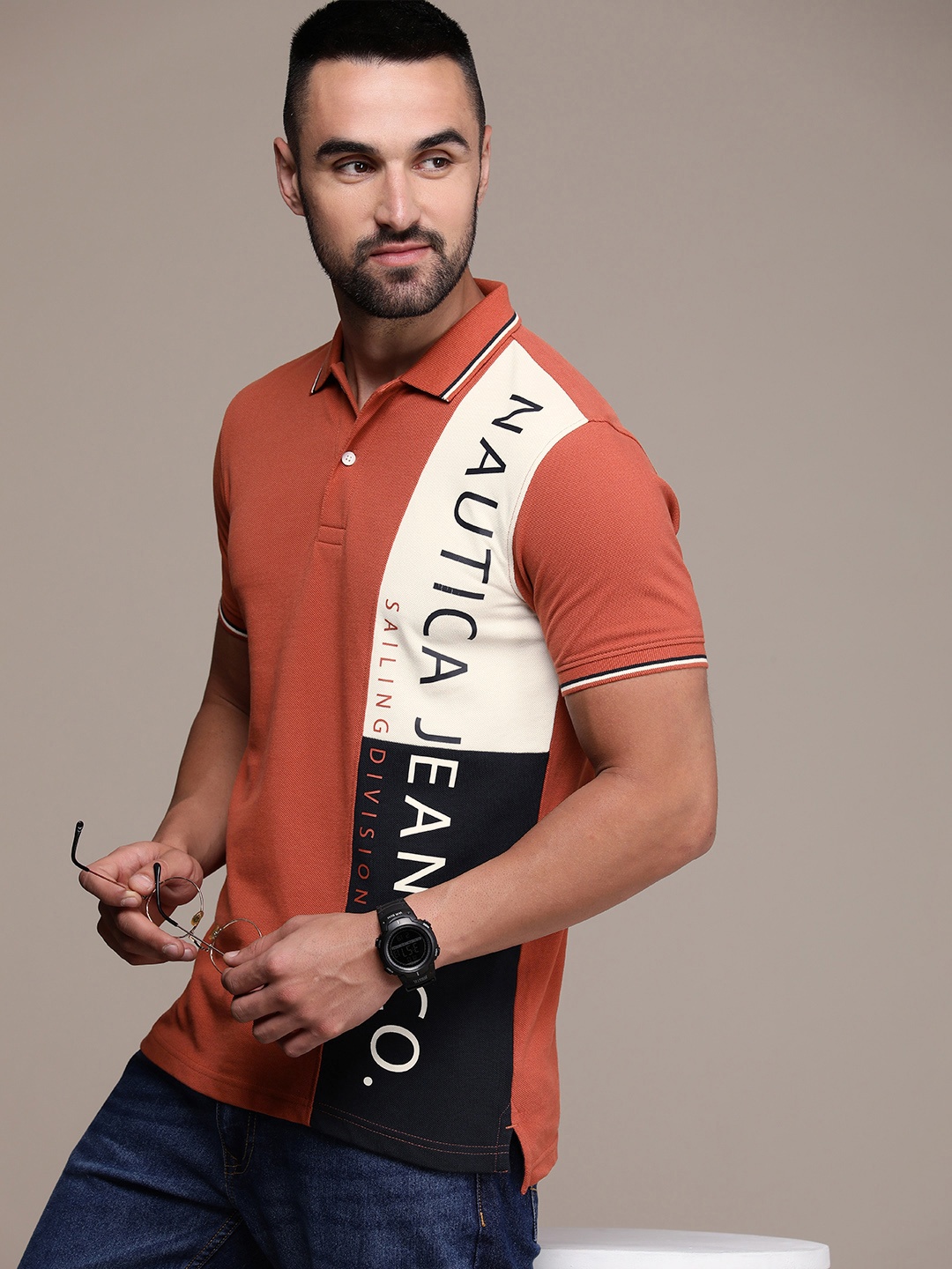 

Nautica Brand Logo Printed Polo Collar Pure Cotton T-shirt, Rust