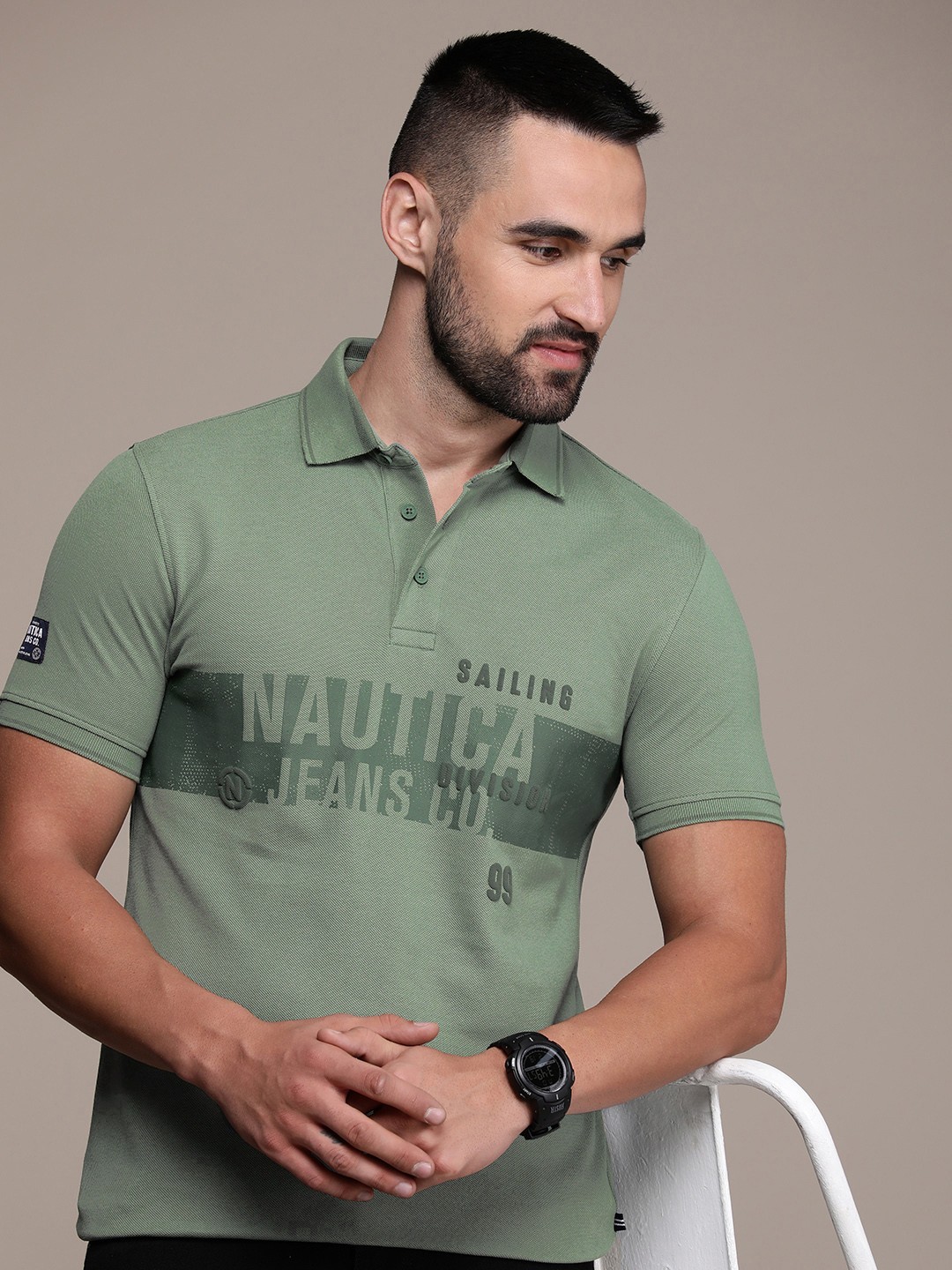 Nautica Brand Logo Printed Polo Collar Pure Cotton Applique T-shirt, Olive