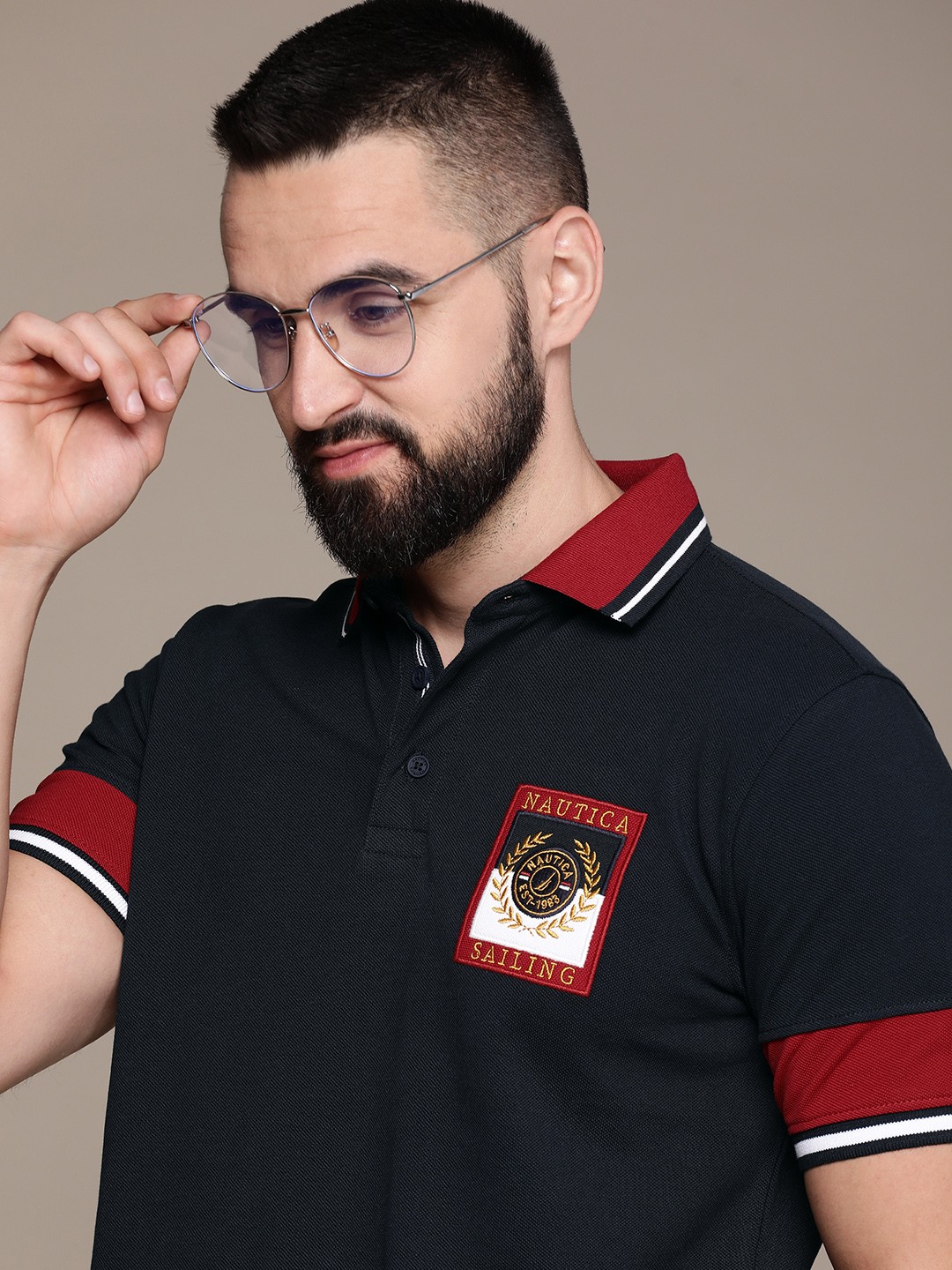 

Nautica Brand Logo Embroidered Polo Collar Pure Cotton T-shirt, Navy blue