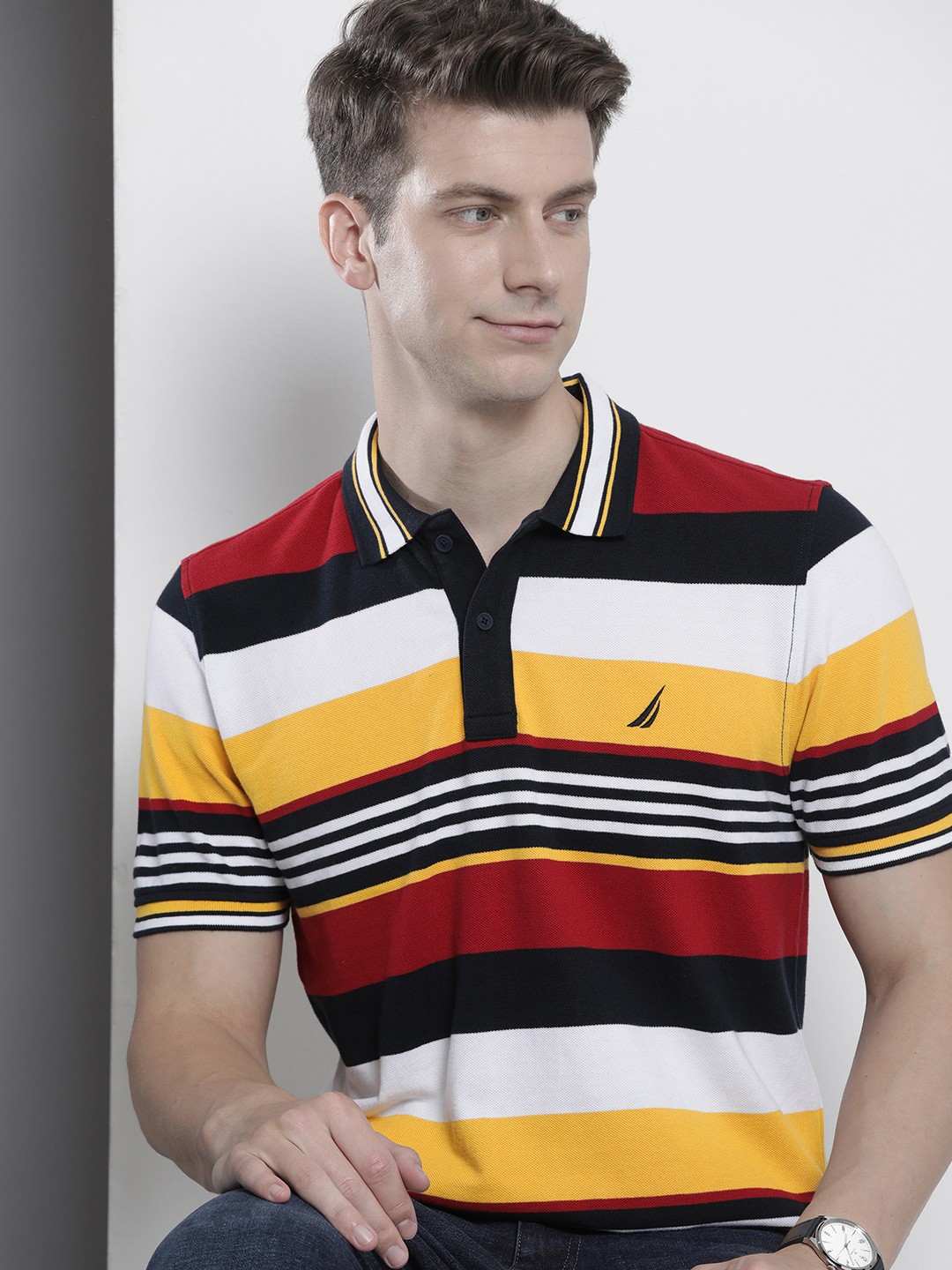 

Nautica Pure Cotton Polo Collar Striped Casual T-shirt, Navy blue