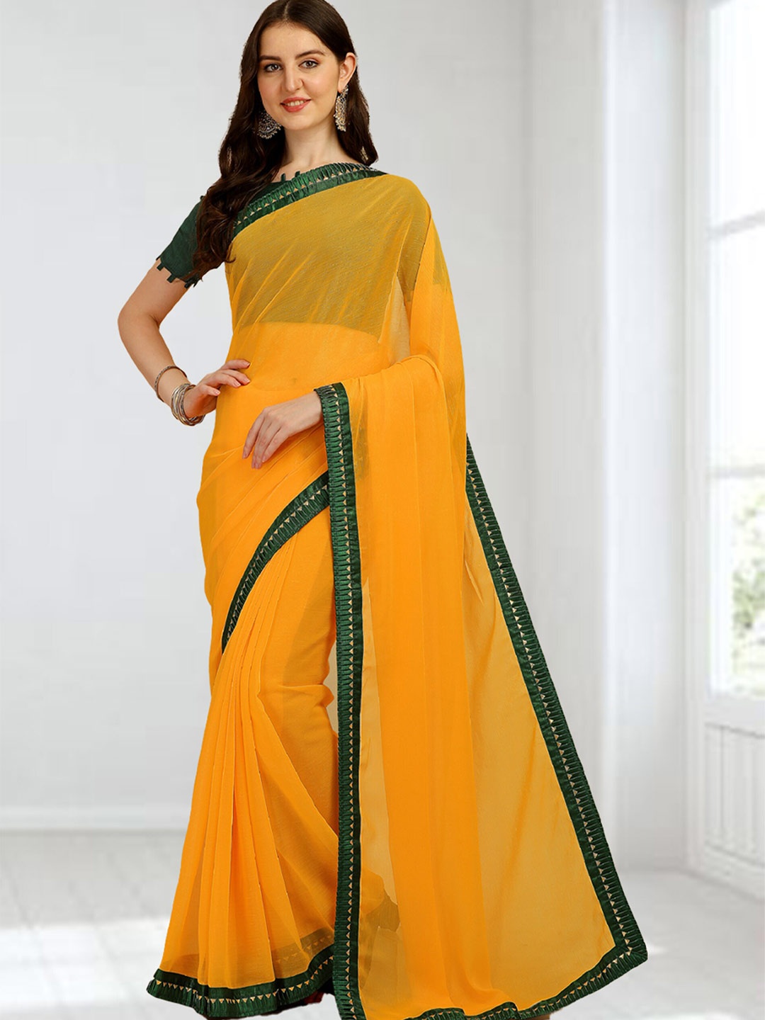 

N N ENTERPRISE Embellished Bordered Saree, Yellow