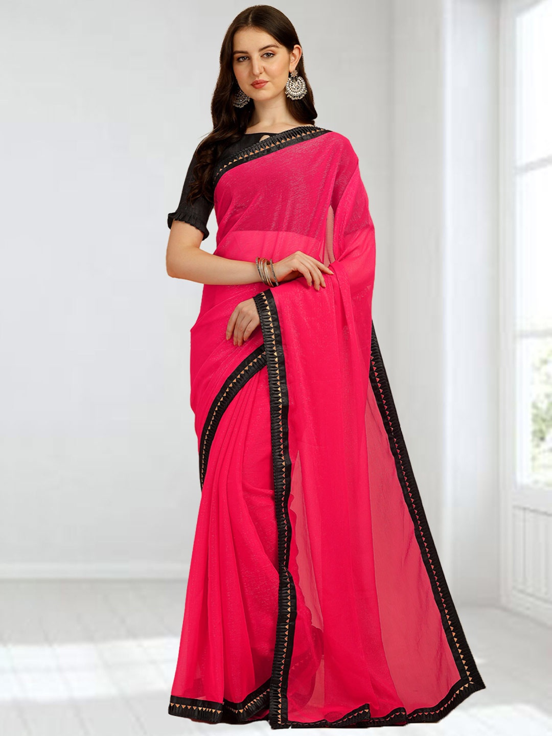 

N N ENTERPRISE Embellished Bordered Saree, Pink