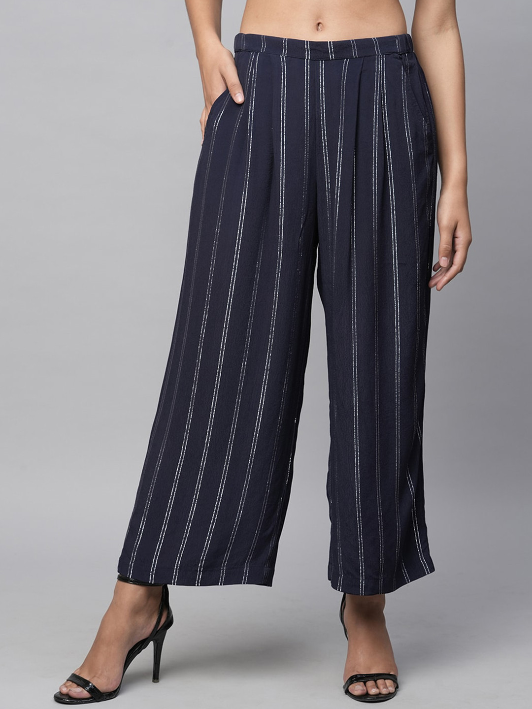

Chemistry Women Striped Straight Fit Parallel Trousers, Navy blue