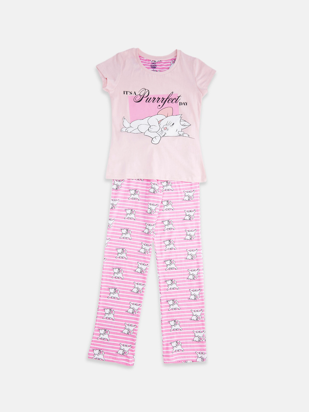 

Pantaloons Junior Girls Marie Cat Printed Cotton Night suit, Pink