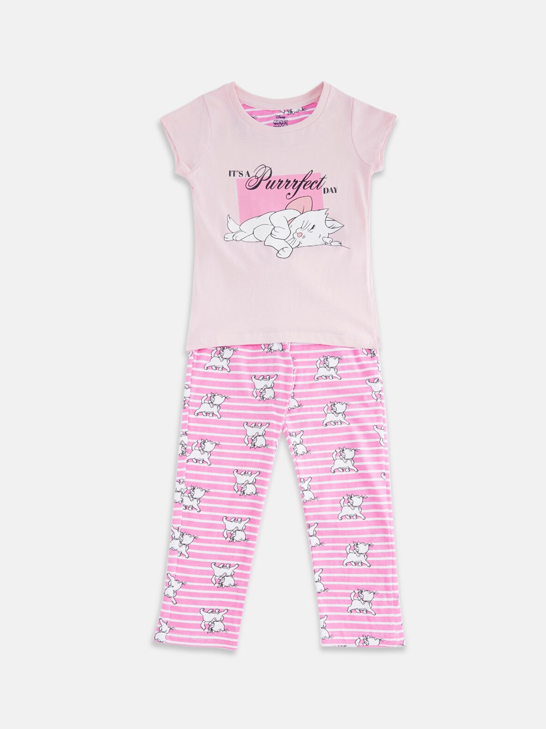 

Pantaloons Junior Girls Marie Cat Printed Cotton Night suit, Pink