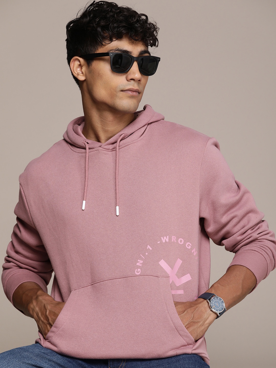 

WROGN Brand Logo Printed Hooded Sweatshirt, Rose