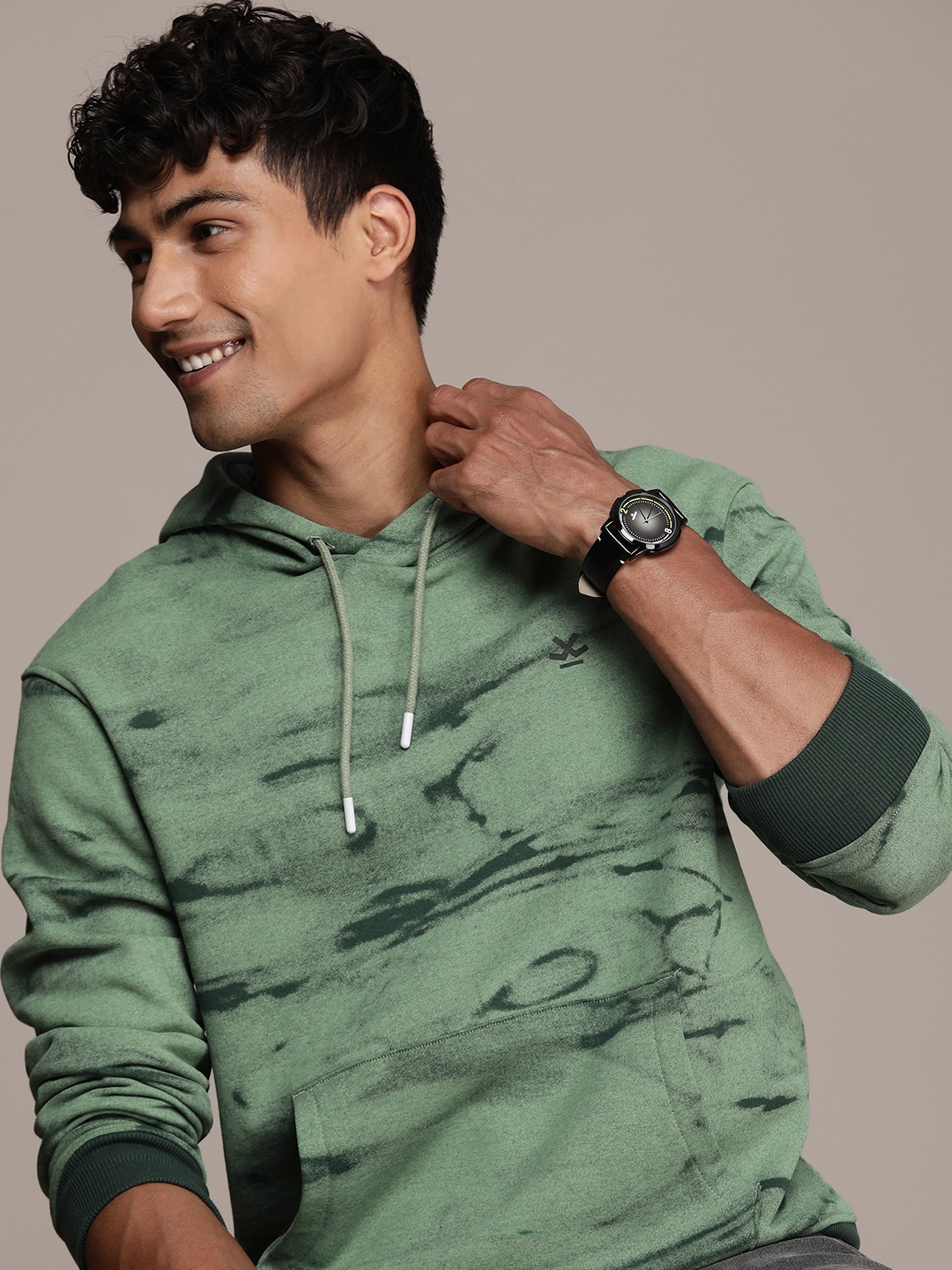 

WROGN Slim Fit Abstract Printed Hooded Sweatshirt, Green