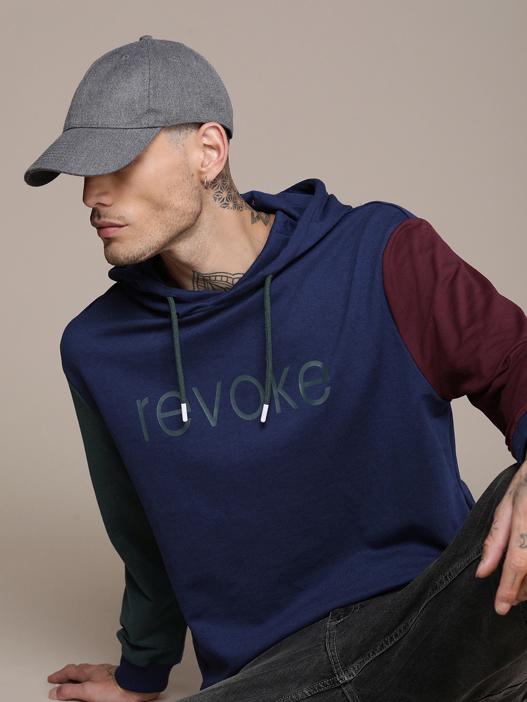 WROGN Typography Printed Slim Fit Hooded Sweatshirt, Blue