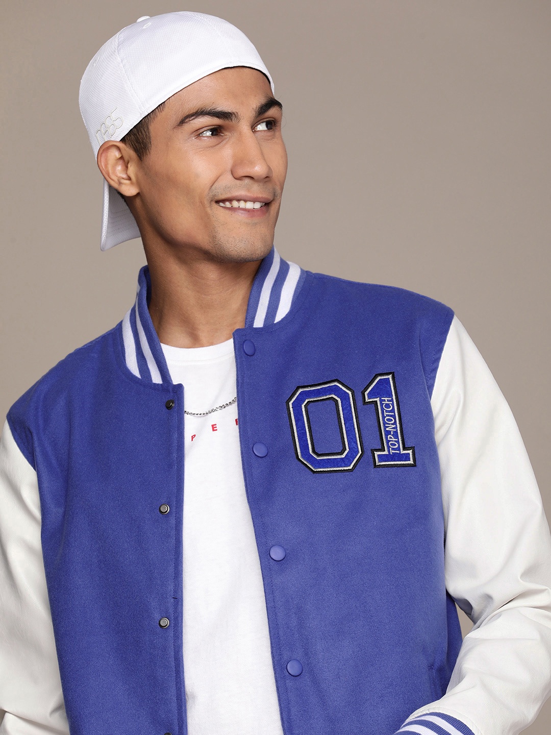 

WROGN Colourblocked Varsity Jacket with Embroidered Detail, Blue