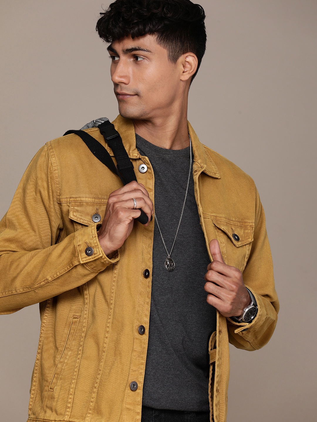 

WROGN Solid Pure Cotton Denim Jacket, Mustard
