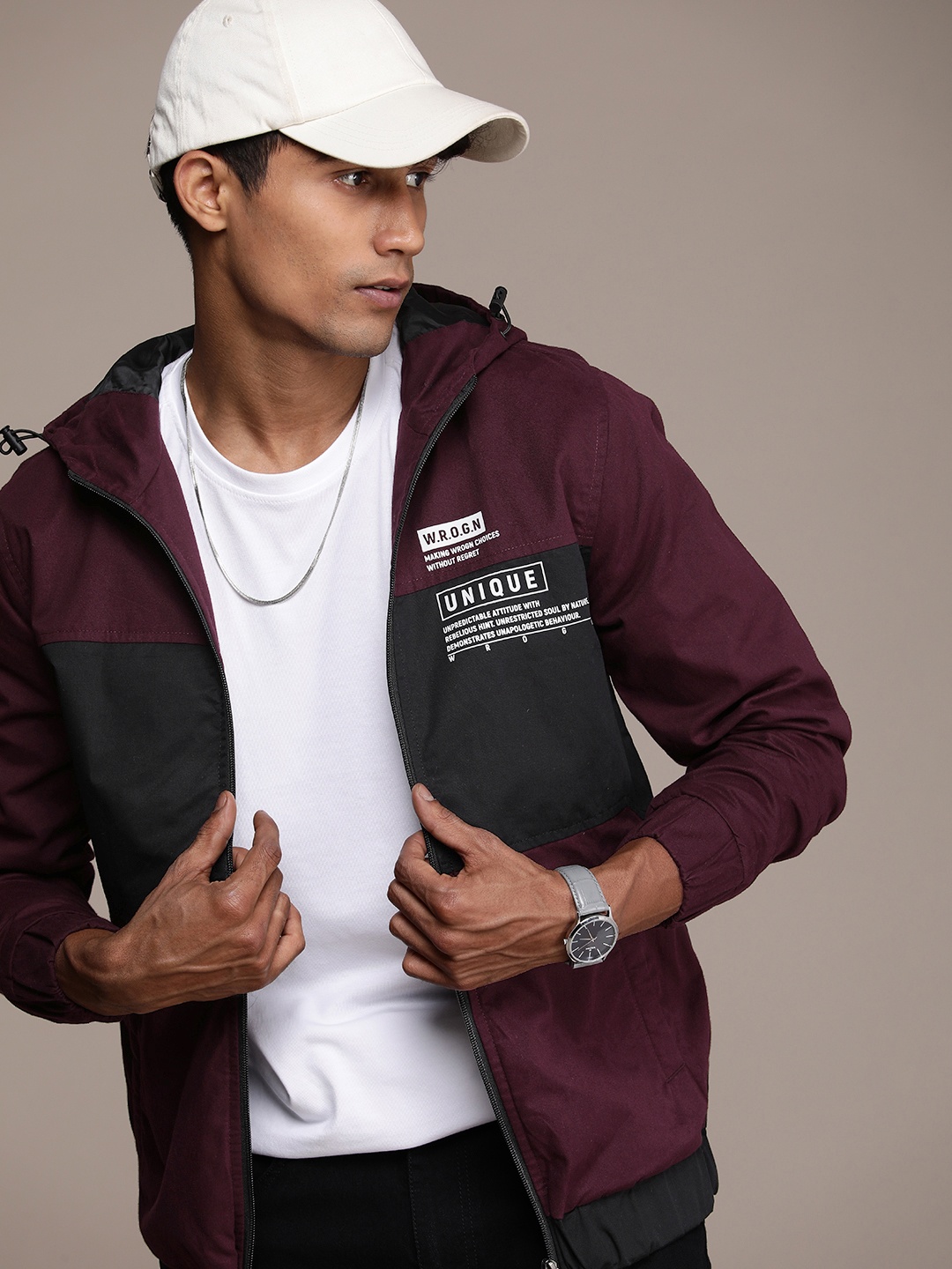 

WROGN Colourblocked Hooded Pure Cotton Tailored Jacket, Black