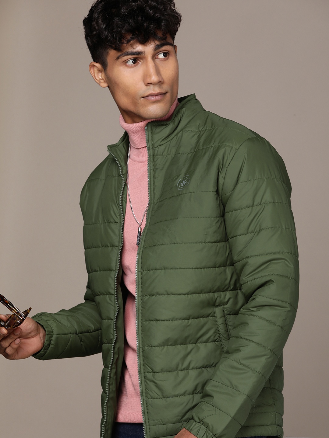 

WROGN Solid Mock Collar Padded Jacket, Olive