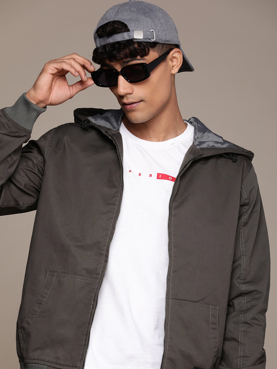 

WROGN Slim Fit Hooded Bomber Jacket, Charcoal