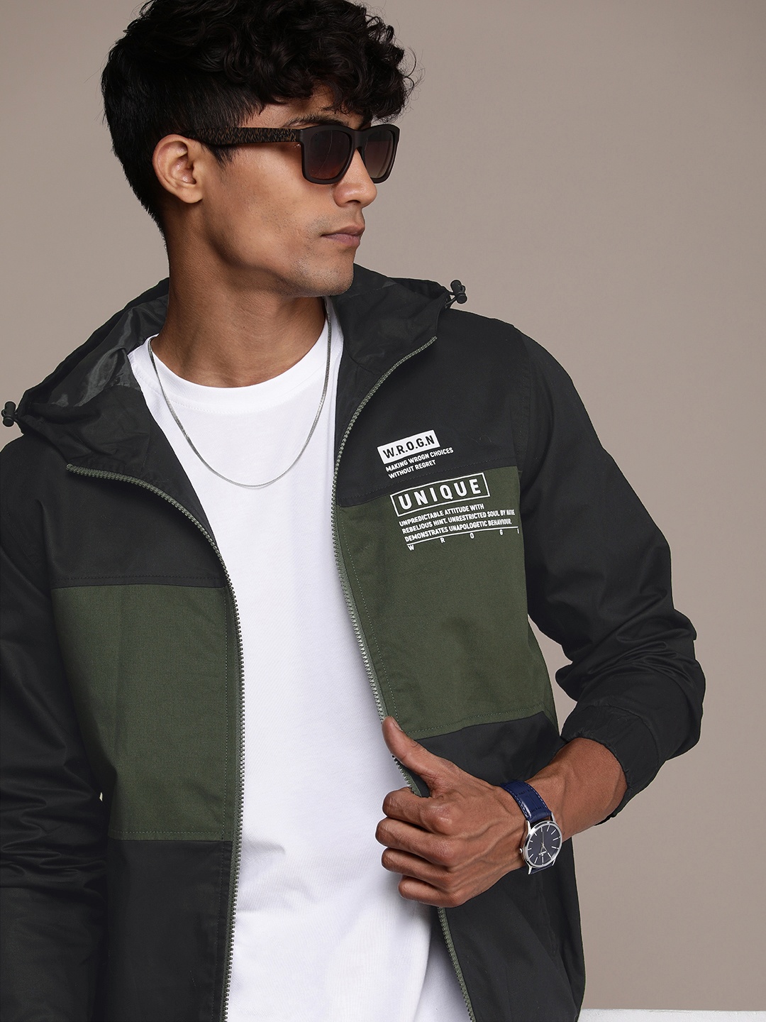 

WROGN Colourblocked Hooded Pure Cotton Tailored Jacket, Black
