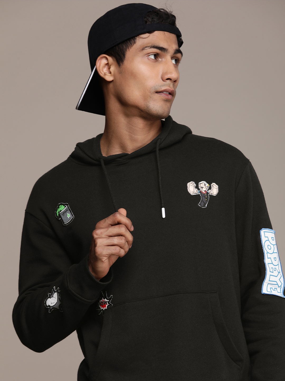 

WROGN Slim Fit Popeye Applique Detail Hooded Sweatshirt, Black