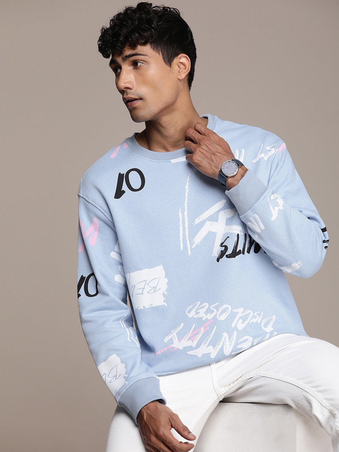 

WROGN Slim Fit Graphic Printed Sweatshirt, Blue