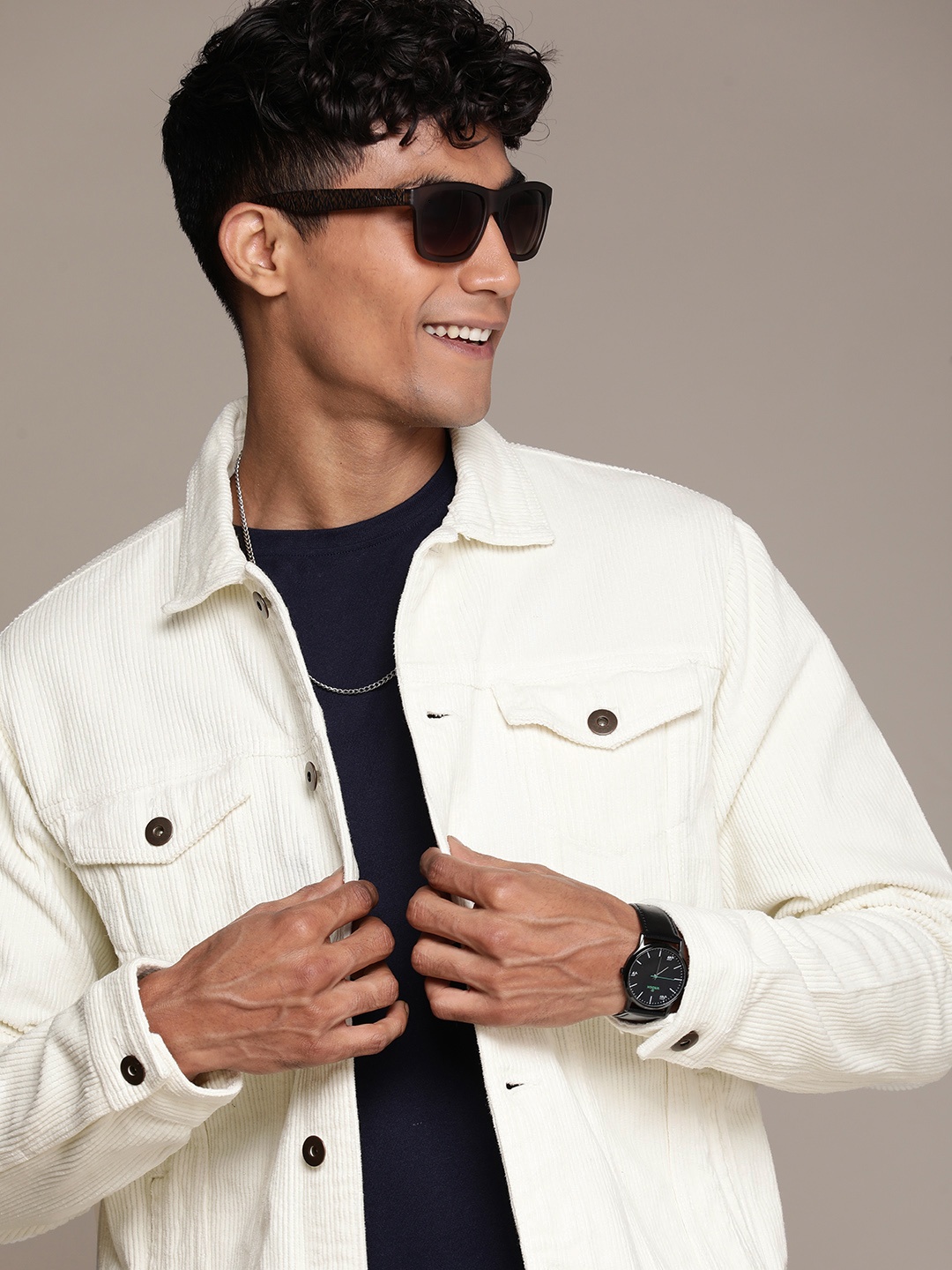

WROGN Men Pure Cotton Corduroy Tailored Jacket, White