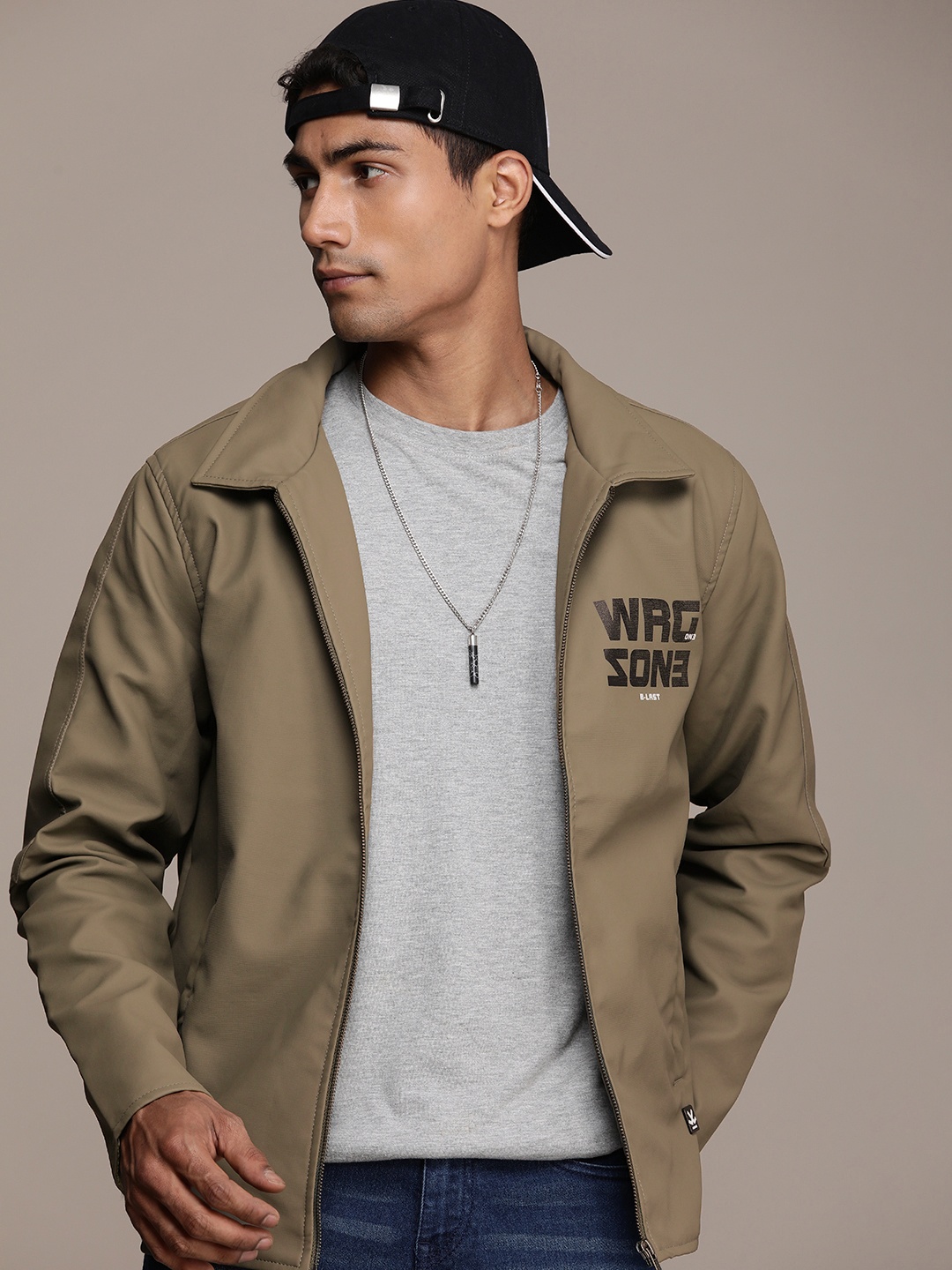 

WROGN Brand Logo Printed Biker Jacket, Olive