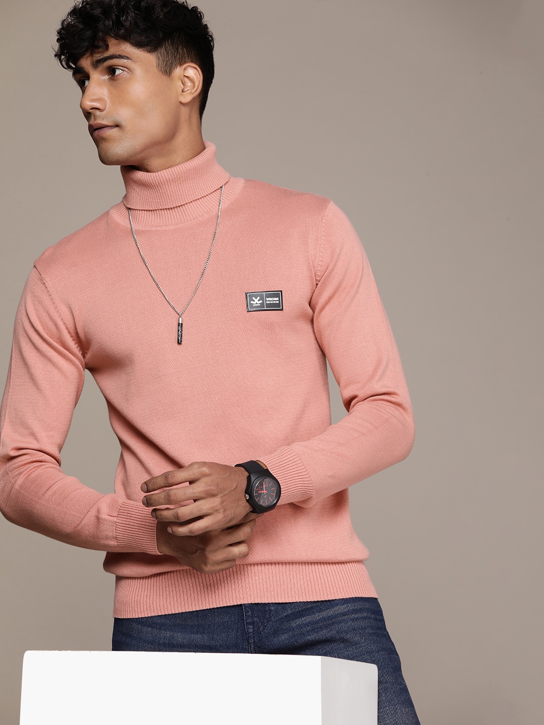 

WROGN Pure Cotton Turtle Neck Pullover, Peach