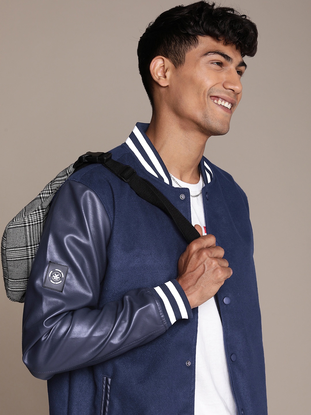 

WROGN Solid Stand-Collar Varsity Jacket, Blue