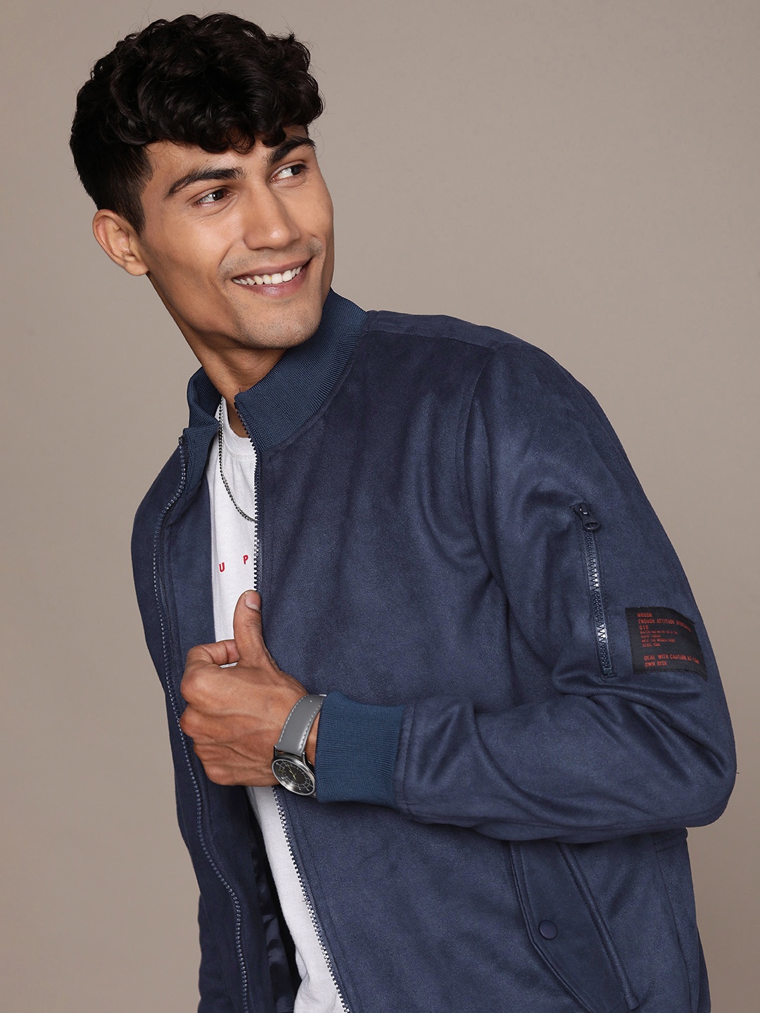 

WROGN Solid Mock-Collar Bomber Jacket, Navy blue