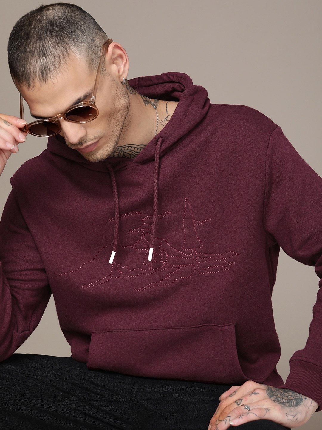 

WROGN Conversational Embroidered Hooded Pullover Sweatshirt, Burgundy