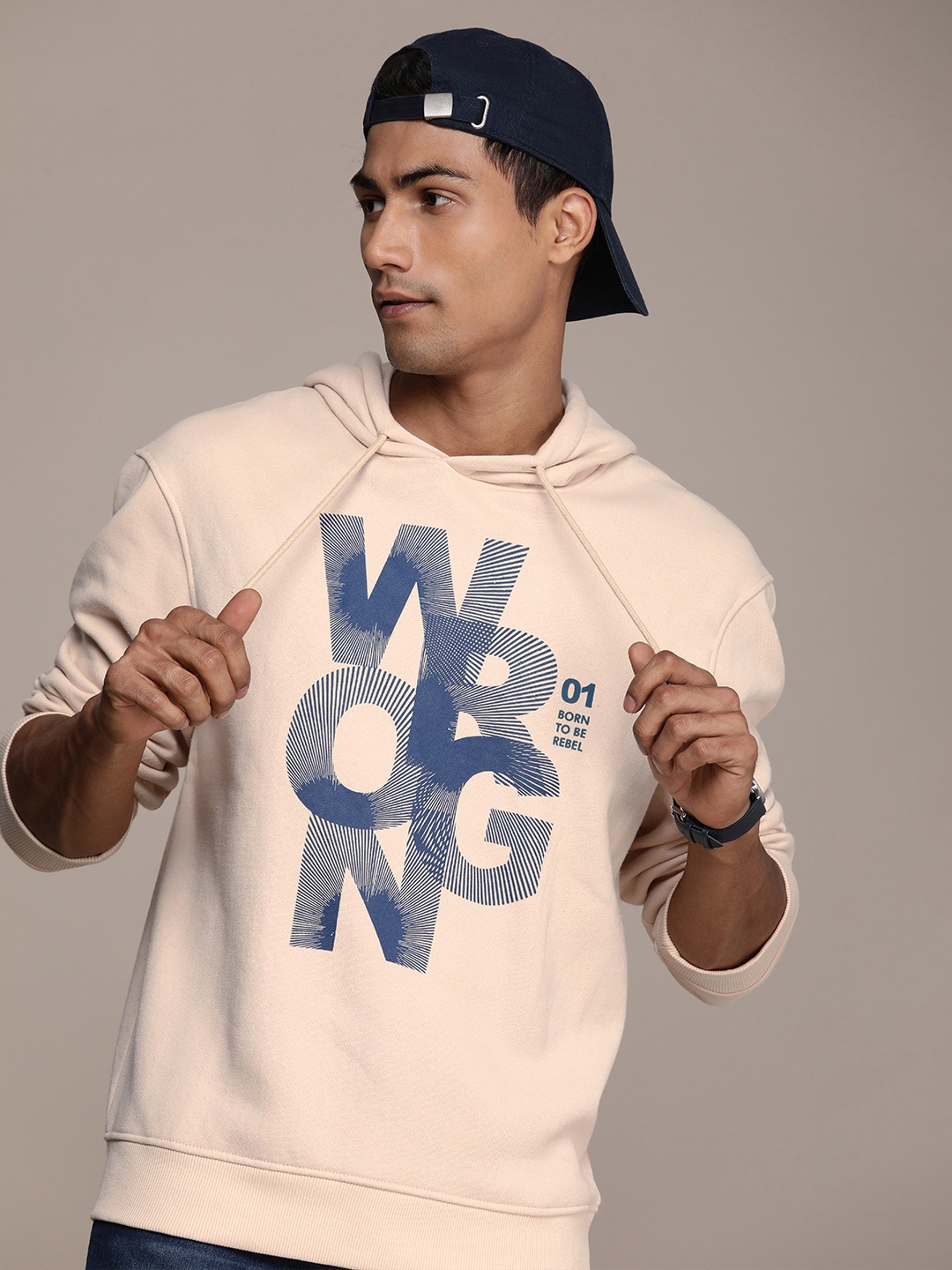 

WROGN Graphic Printed Applique Hooded Sweatshirt, Beige