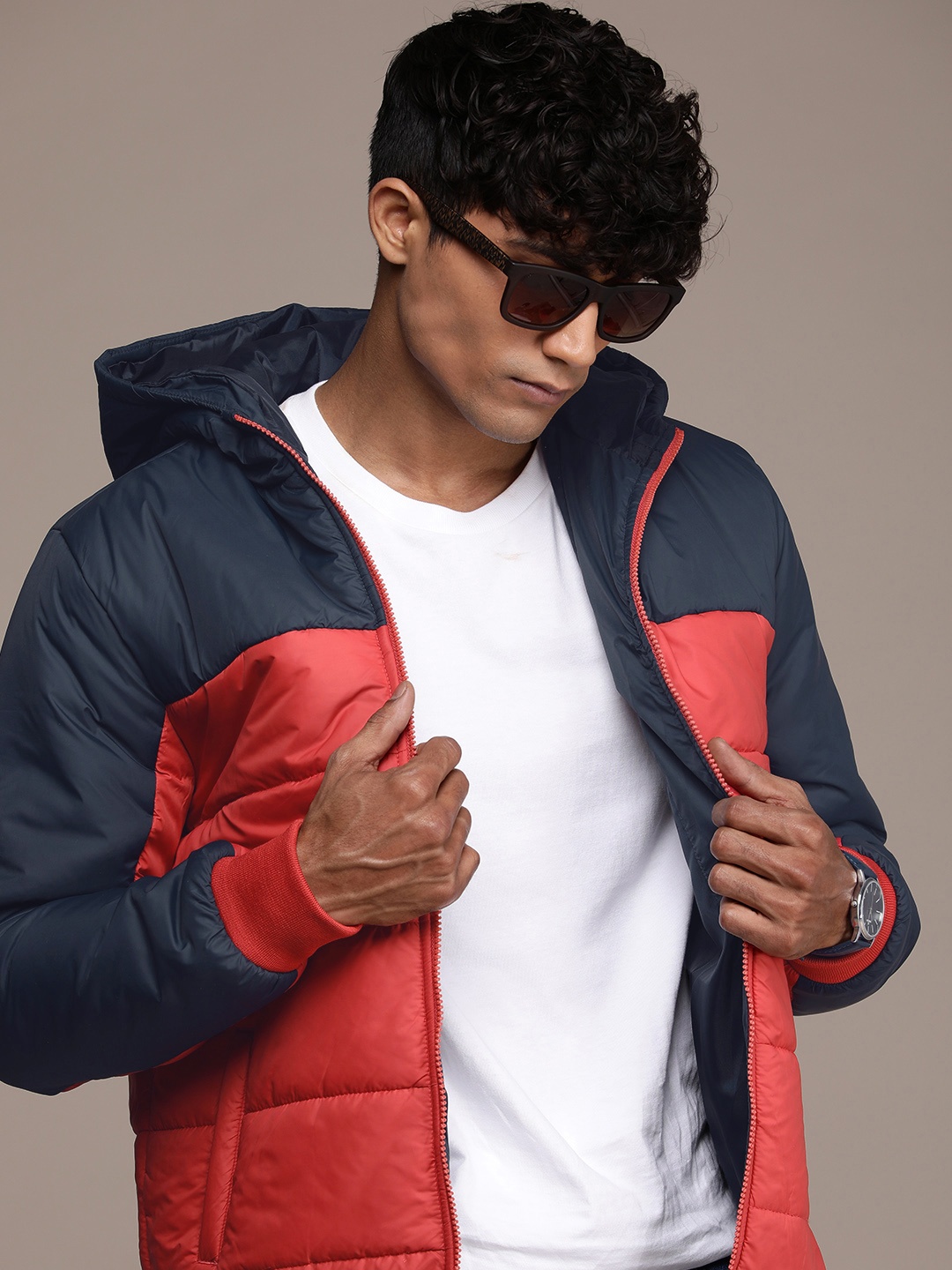 

WROGN Colourblocked Hooded Puffer Jacket, Navy blue