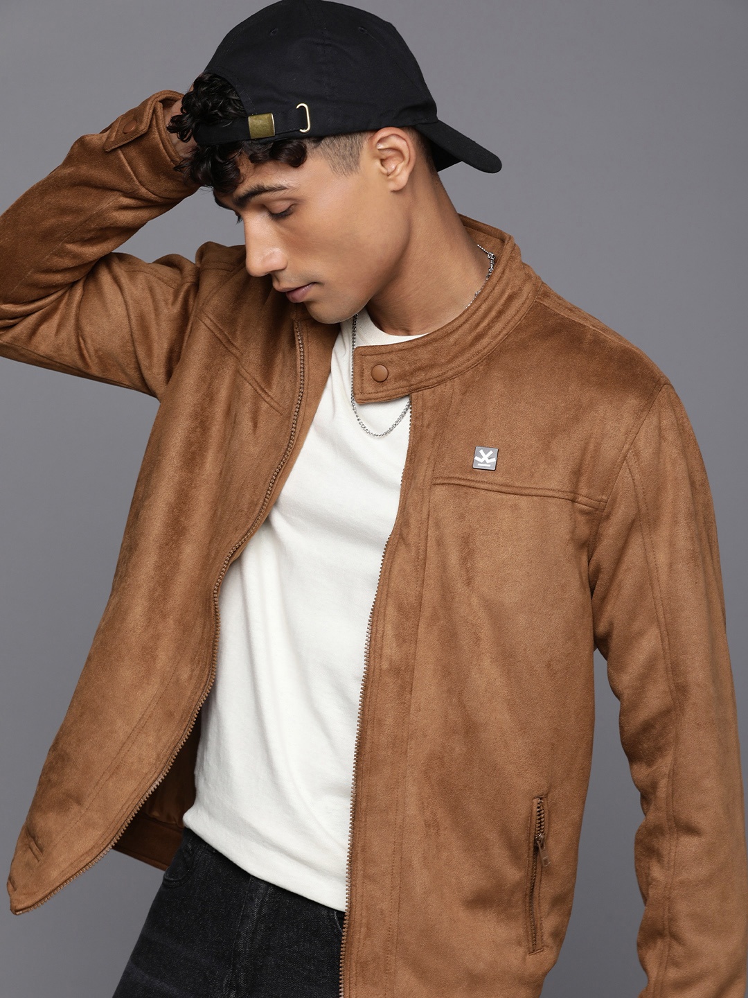 

WROGN Solid Slim Fit Bomber Jacket, Brown