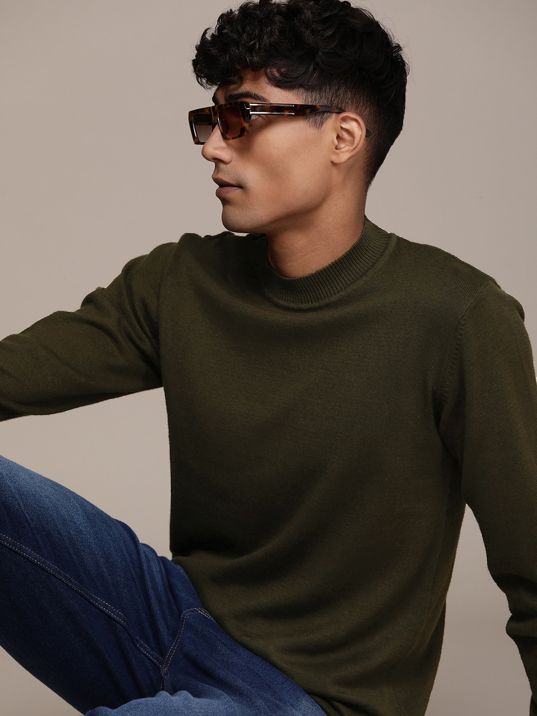 

WROGN Pure Cotton Turtle Neck Pullover, Olive