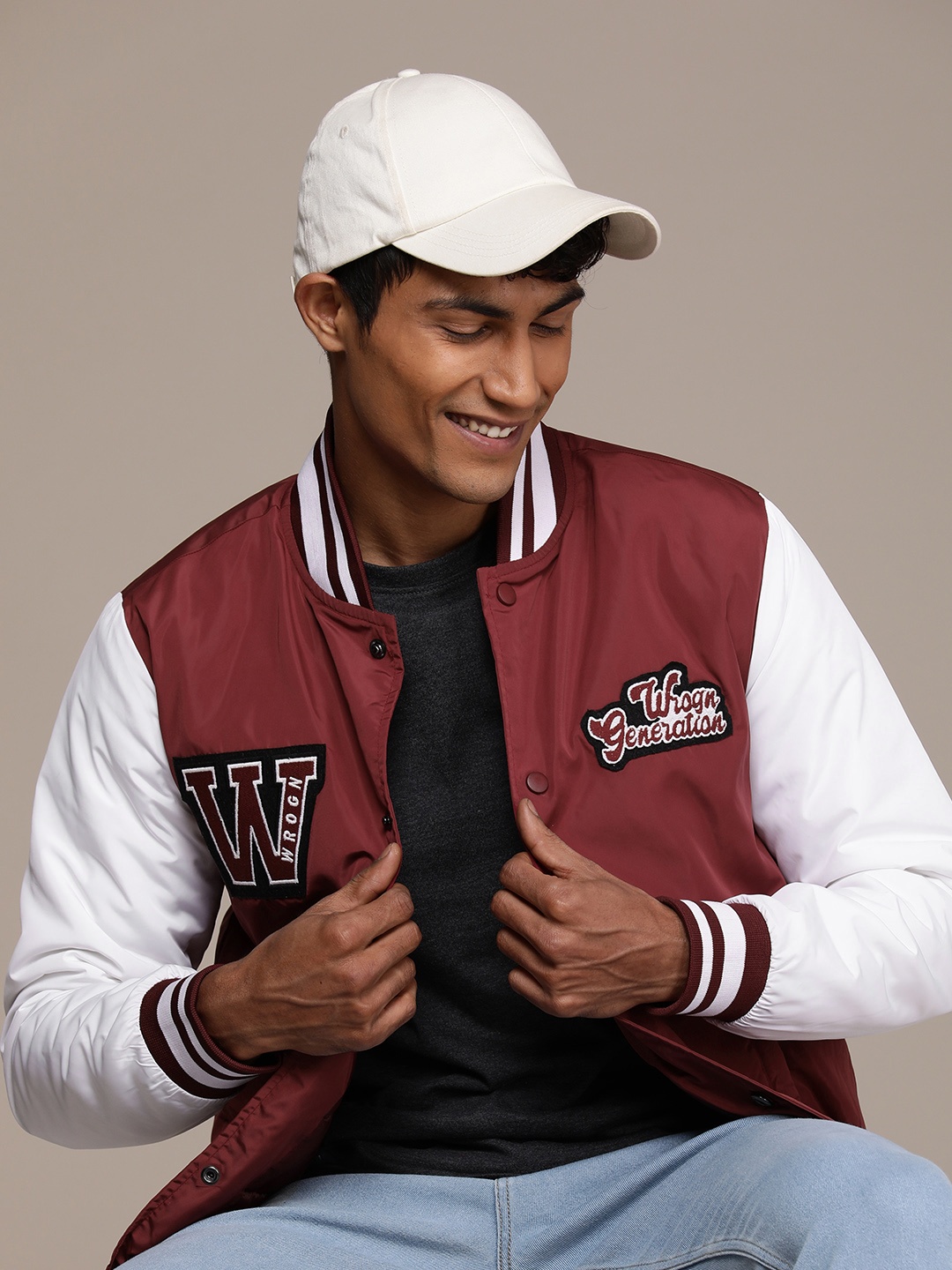 

WROGN Typography Printed Varsity Jacket, Maroon