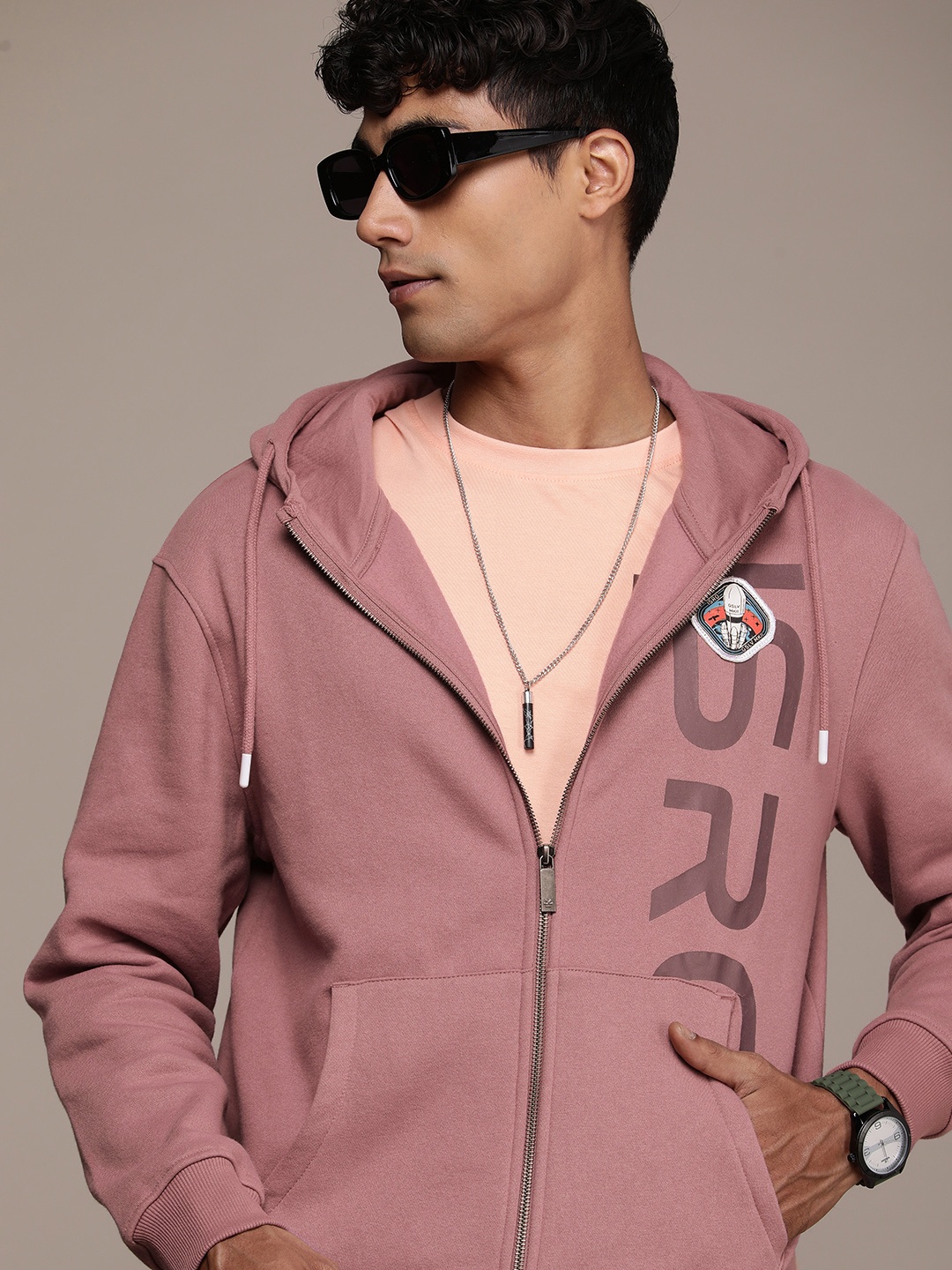 

WROGN Men Printed Hooded Sweatshirt, Pink