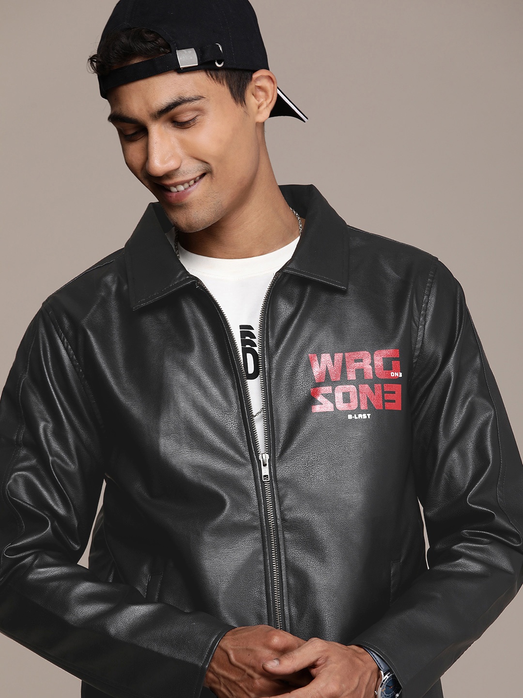 

WROGN Brand Logo Printed Biker Jacket, Black