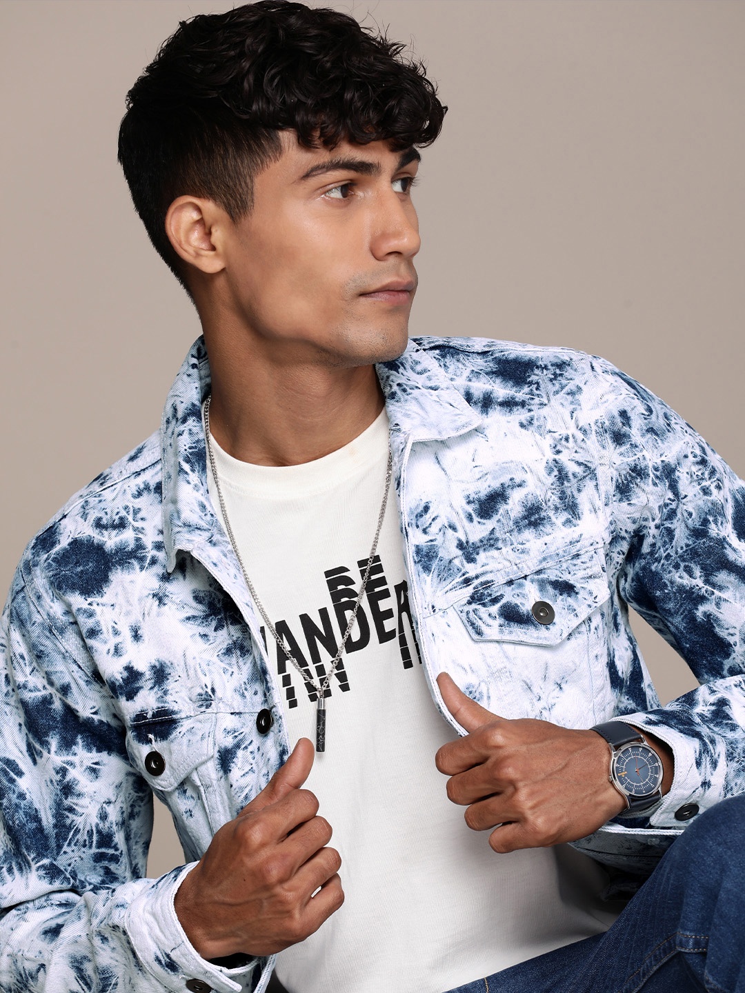 

WROGN Tie & Dye Slim Fit Pure Cotton Denim Jacket, Blue