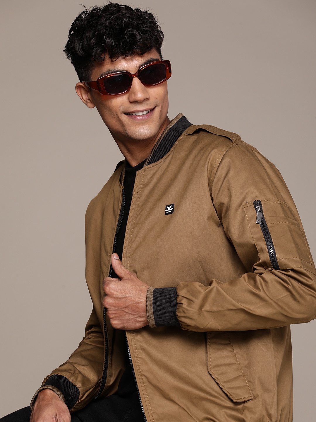 

WROGN Solid Stand-Collar Pure Cotton Bomber Jacket, Brown