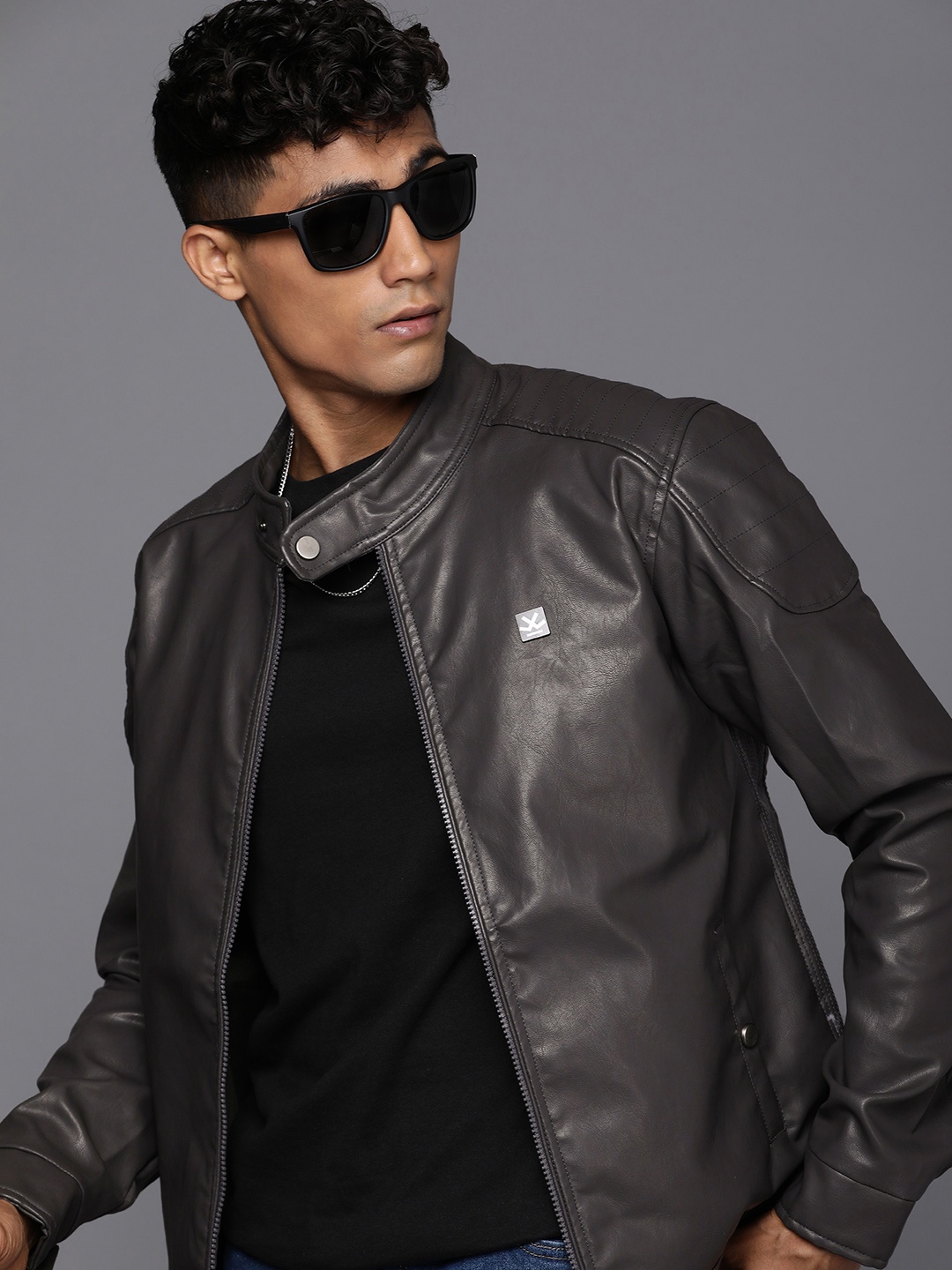 

WROGN Solid Slim Fit Leather Jacket, Grey
