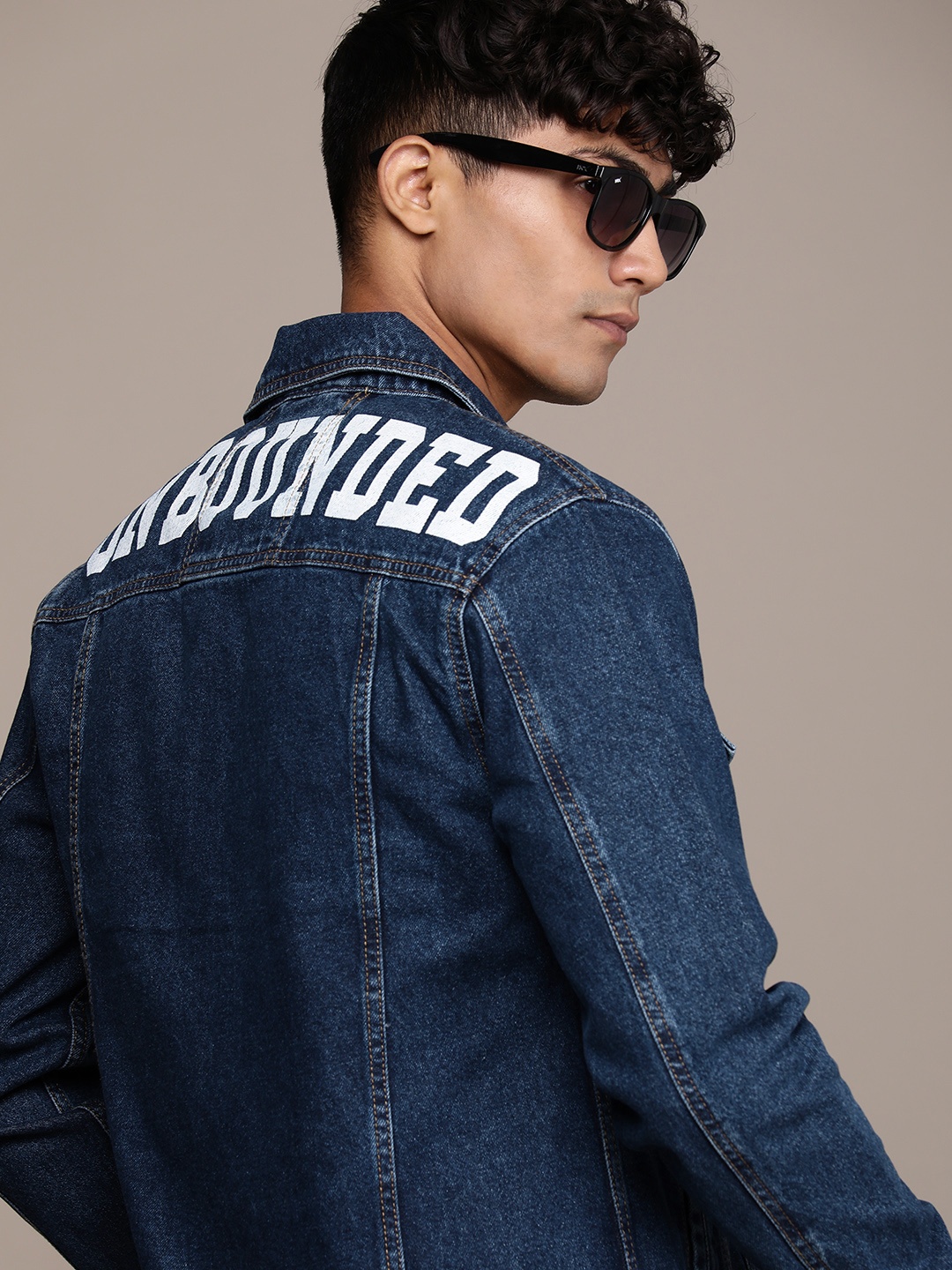 

WROGN Typography Printed Pure Cotton Denim Jacket, Navy blue