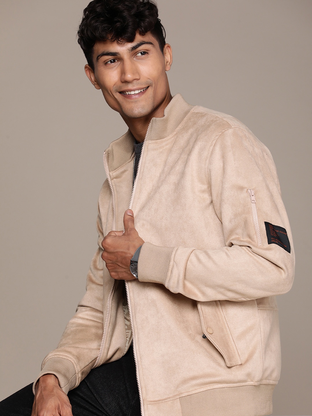 

WROGN Solid Mock-Collar Bomber Jacket, Beige